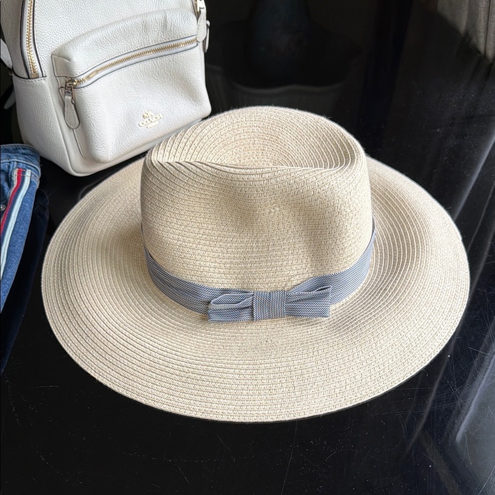 J McLaughlin Wide Brim Cowboy Straw Sun Hat with Tailored Black&white Bow